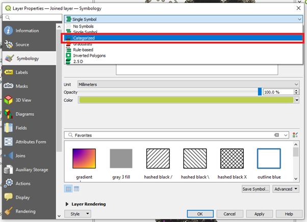 Categorized symbology settings in QGIS